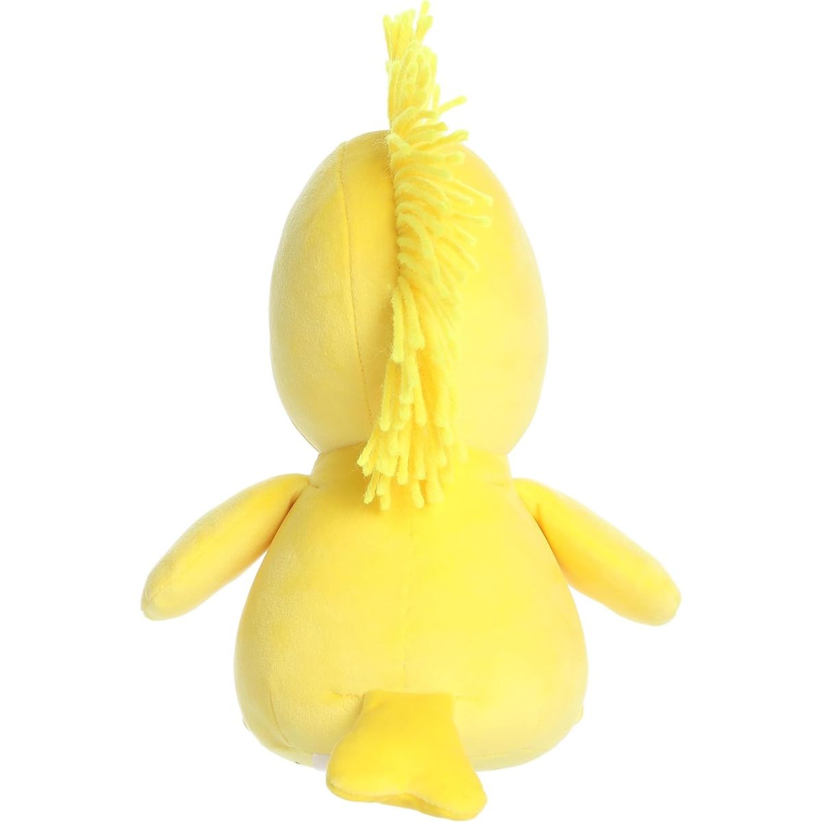 Back view of the Woodstock stuffed animal showcasing his soft yellow plush body and cute little tail.