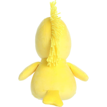 Back view of the Woodstock stuffed animal showcasing his soft yellow plush body and cute little tail.