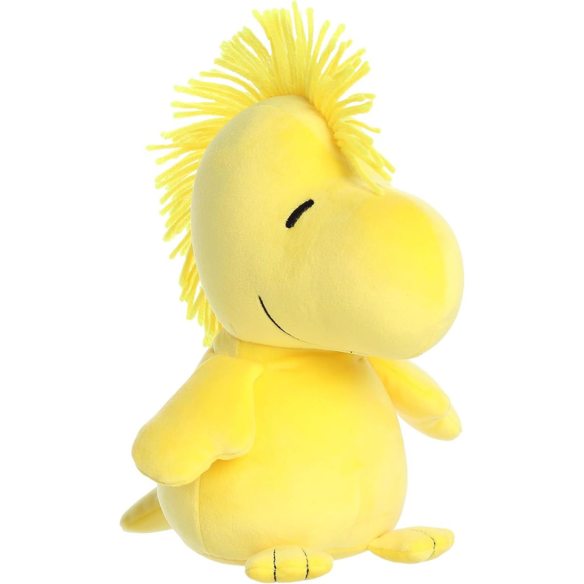 Front angled view of the 8.5-inch Aurora Peanuts Squishy Woodstock plush featuring bright yellow fabric, a smiling face, and fuzzy hair.
