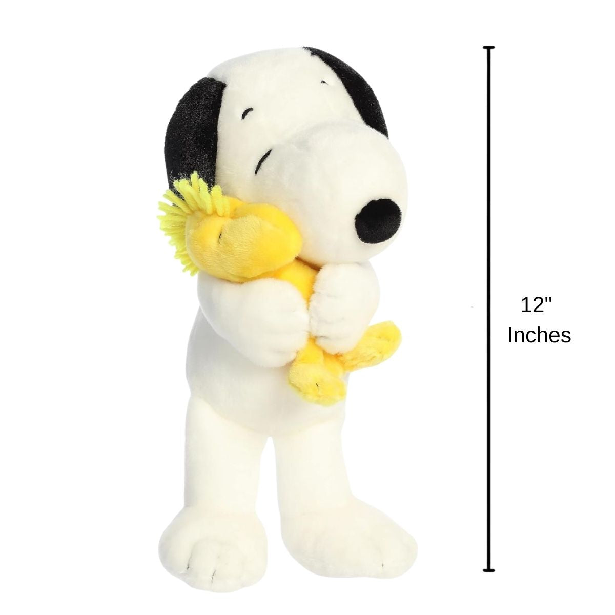 Angled front view of the Aurora Peanuts Snoopy plush standing upright hugging Woodstock, with a 12-inch height measurement label.
