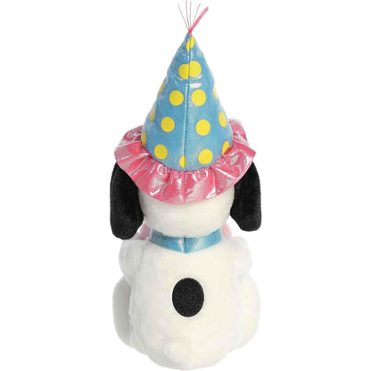 Direct back view of the Snoopy plush sitting down, highlighting his black back spot, little white tail, and the back of his birthday hat.