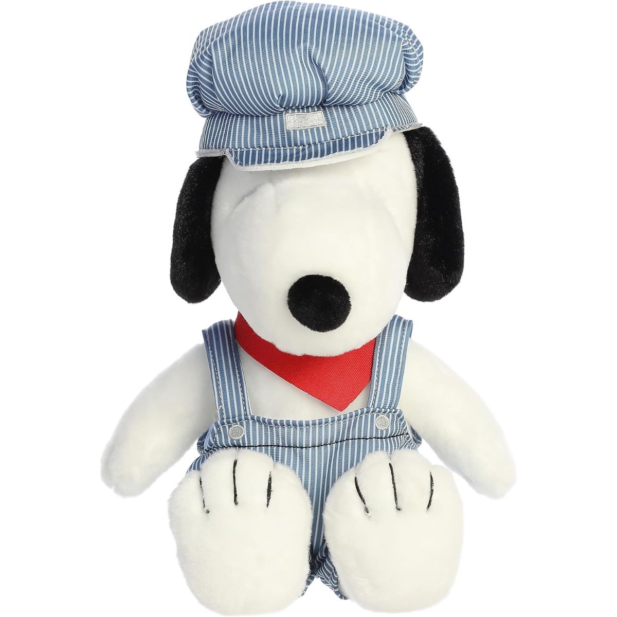 Straight-on front view of the soft Engineer Snoopy plush sitting upright, showing his black nose and floppy ears.