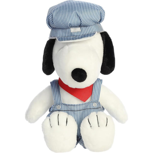 Straight-on front view of the soft Engineer Snoopy plush sitting upright, showing his black nose and floppy ears.