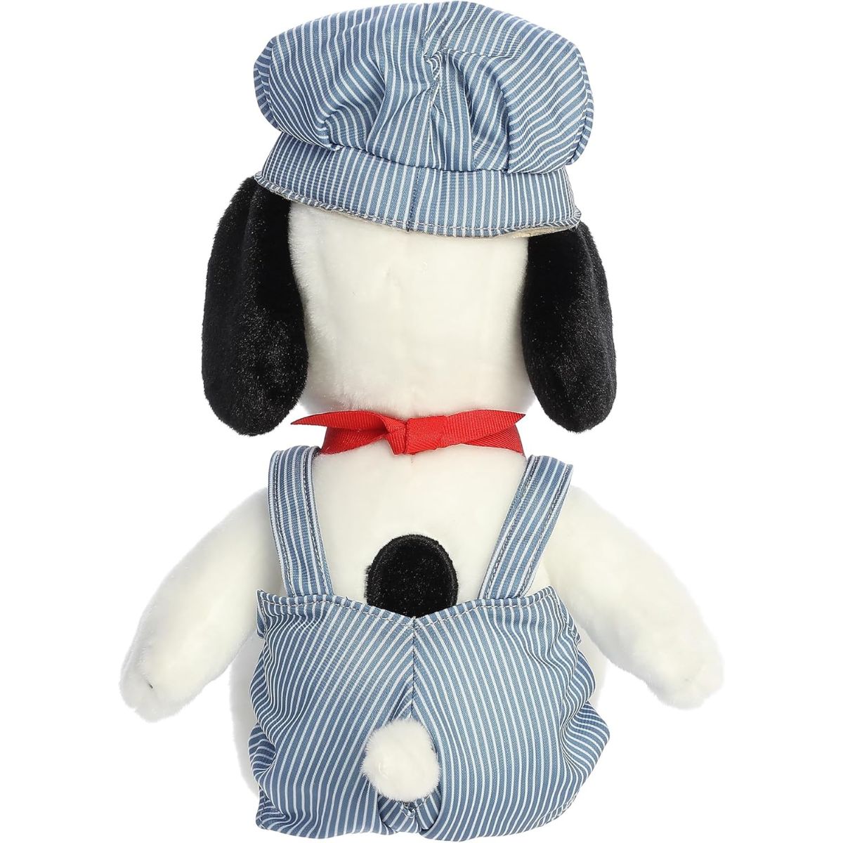 Direct back view of the Snoopy stuffed animal sitting down, highlighting his striped overalls and little white tail.