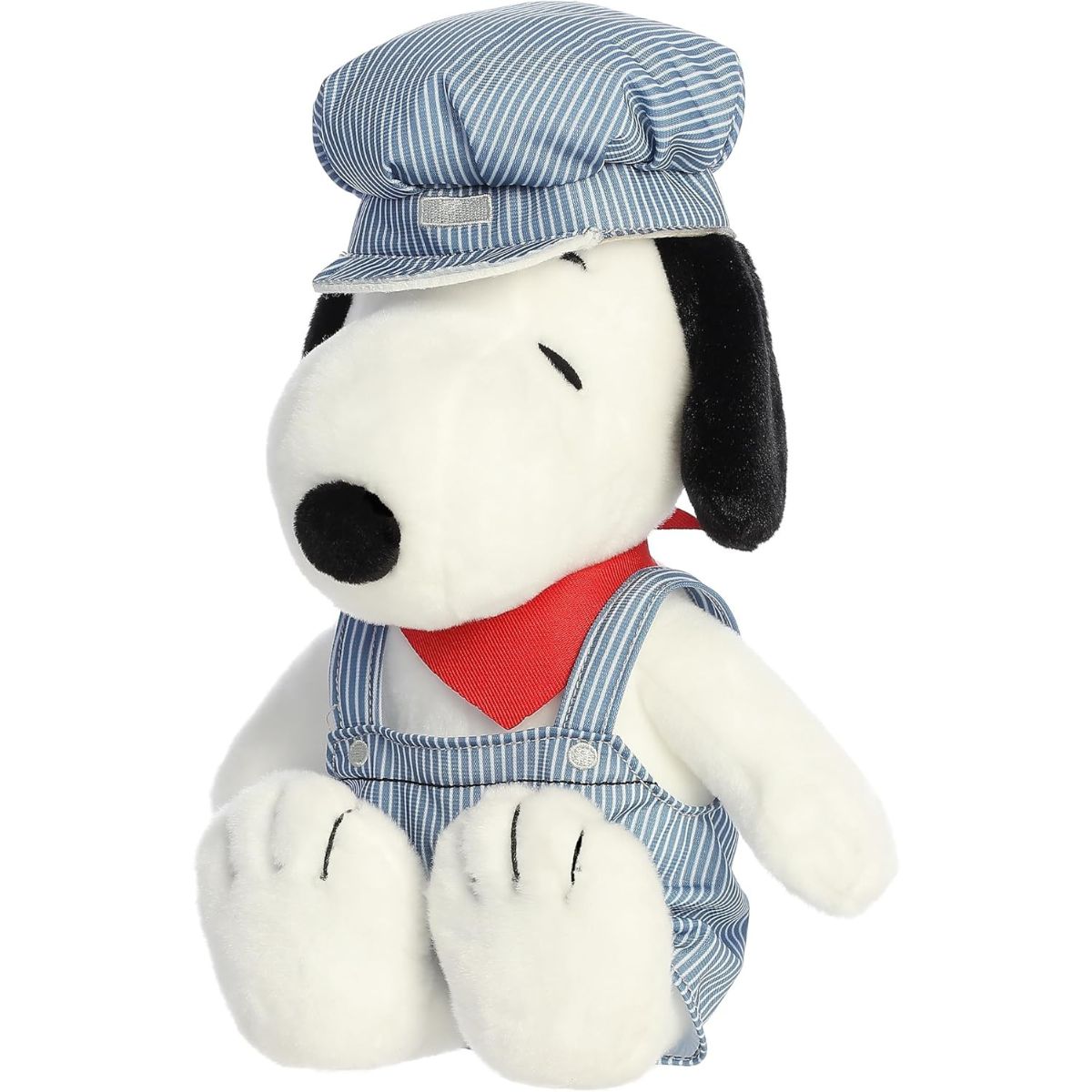 Slightly angled front right view of the Peanuts Train Engineer Snoopy plush sitting down.