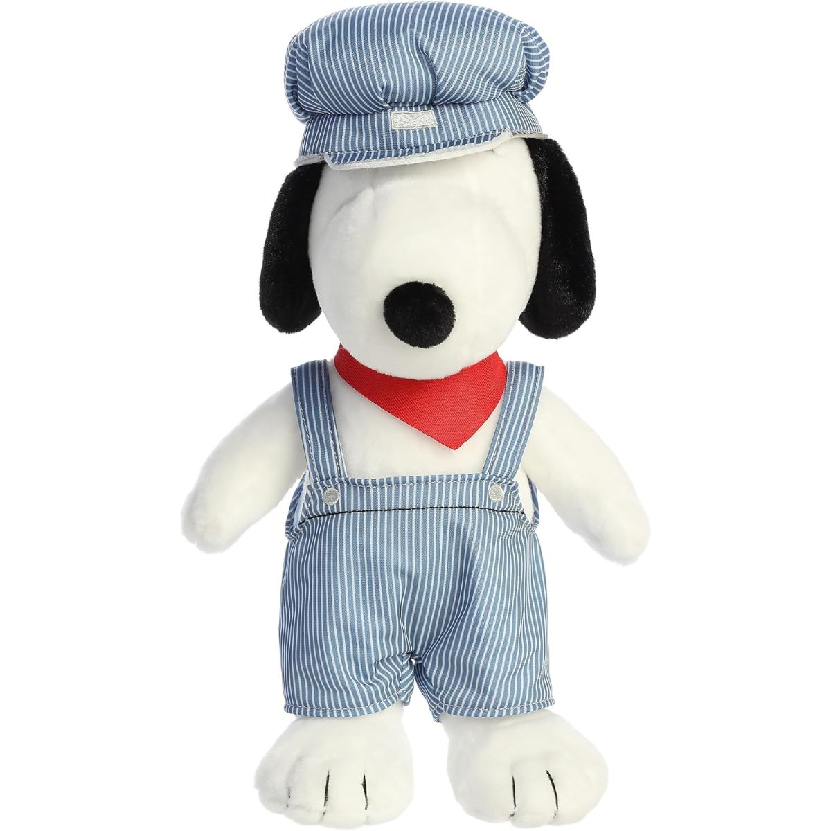 Straight-on front view of the 14-inch Aurora Peanuts Train Engineer Snoopy standing upright.