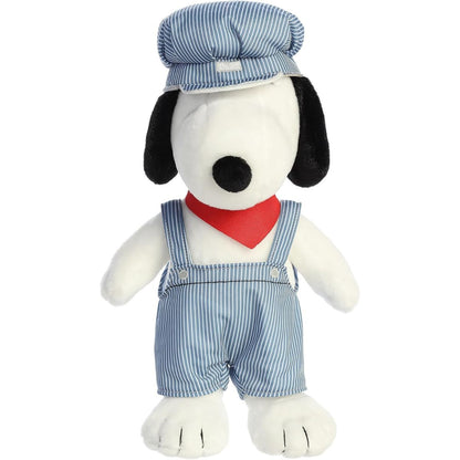 Straight-on front view of the 14-inch Aurora Peanuts Train Engineer Snoopy standing upright.