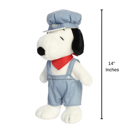 Angled side profile of the Aurora Peanuts Train Engineer Snoopy plush standing upright with a 14-inch height measurement label.