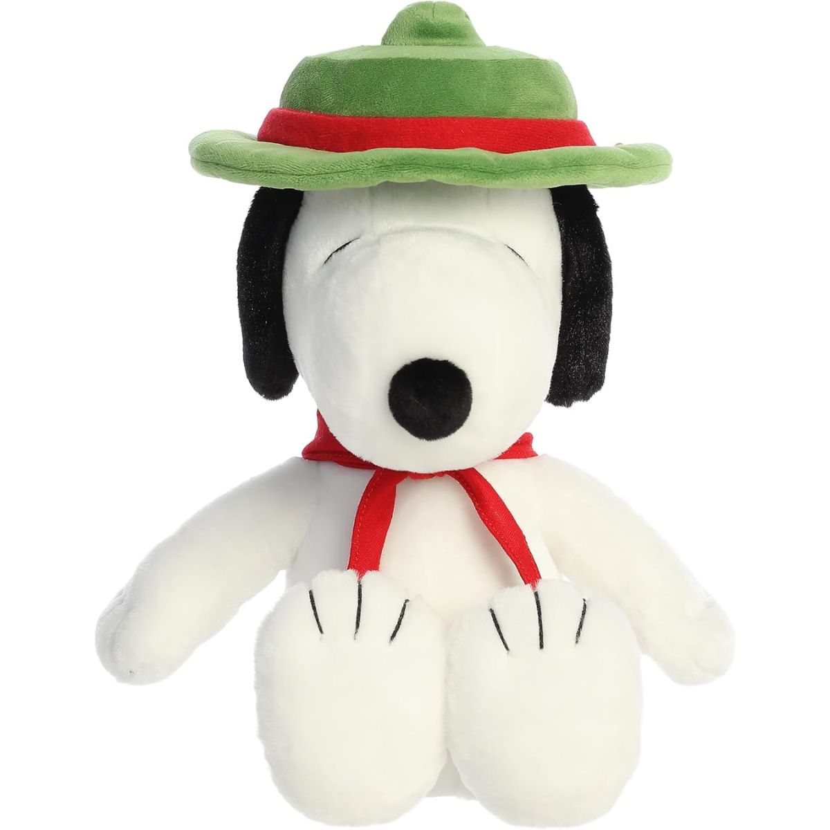 Straight-on front view of the soft Beagle Scout Snoopy plush sitting upright, showing his black nose and floppy ears.