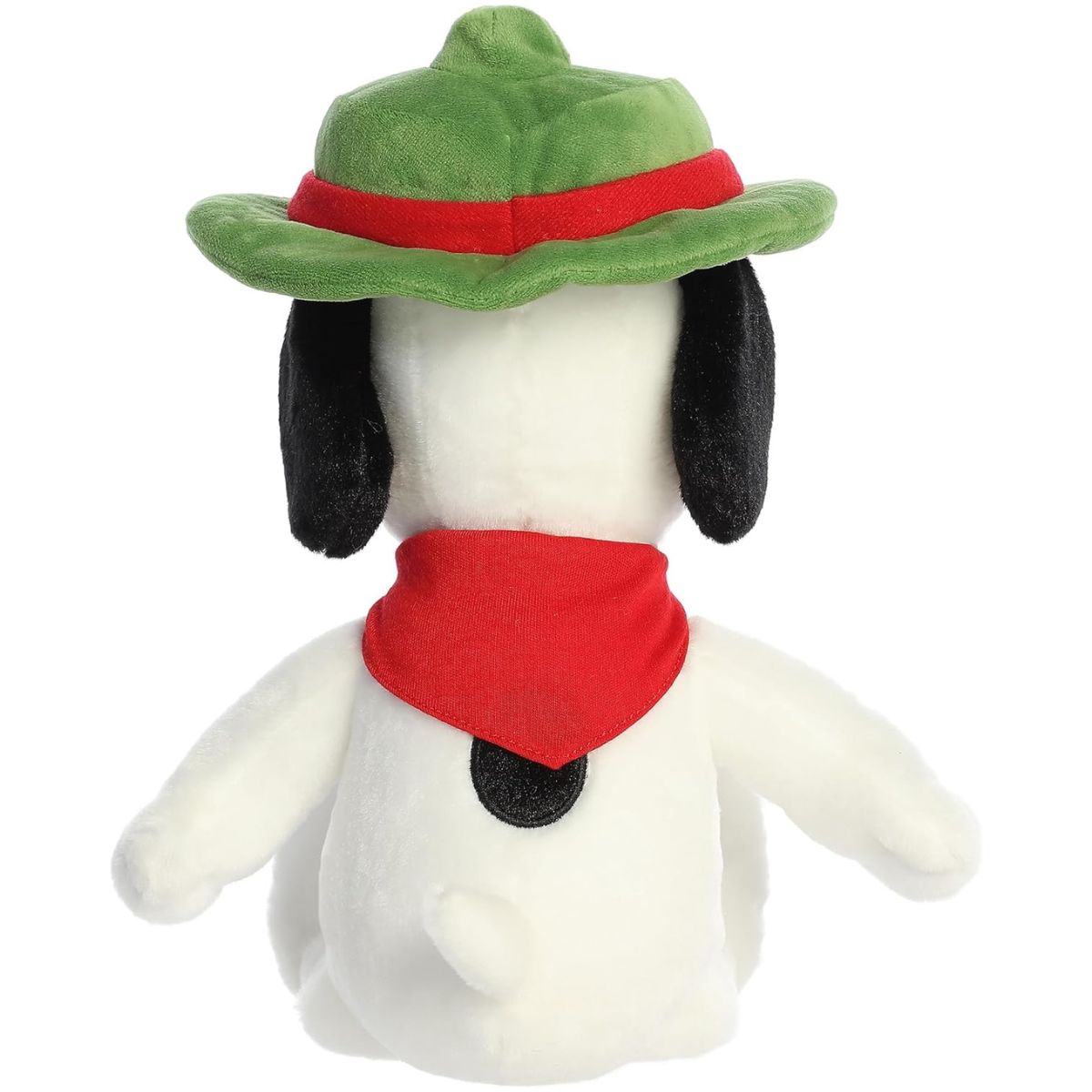 Direct back view of the Snoopy stuffed animal sitting down, highlighting the black spot on his back and his little white tail.
