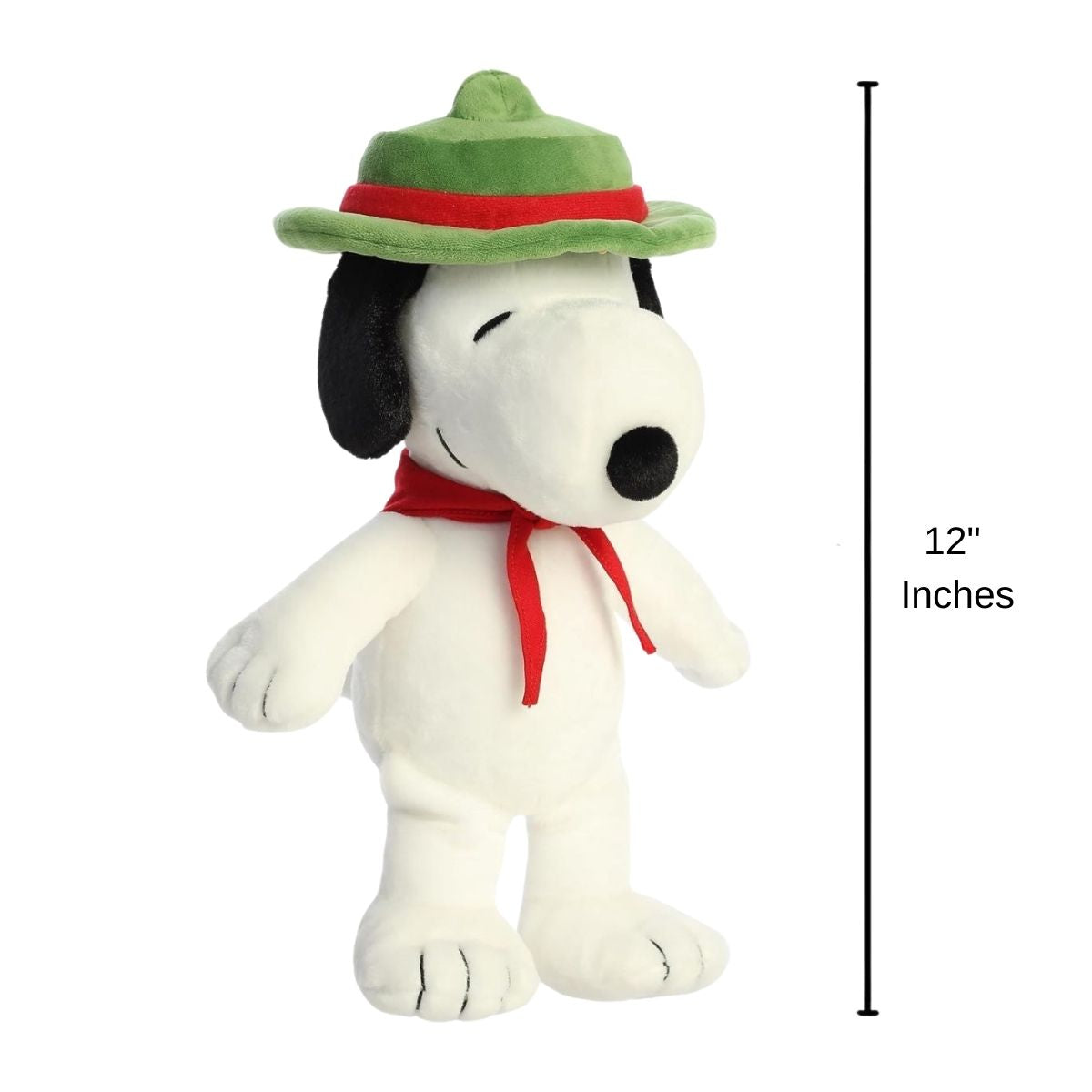 Angled front view of the Aurora Peanuts Beagle Scout Snoopy plush standing upright with a 12-inch height measurement label.