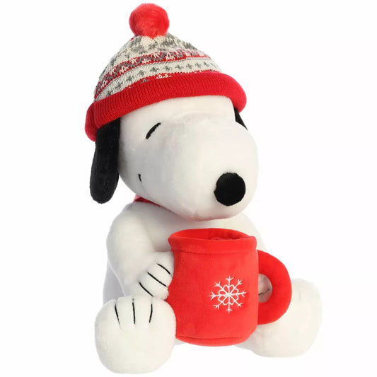 Front view thumbnail of the cute Winter Hat Snoopy plush sitting straight, showing his black floppy ears, black nose, and snowflake mug.