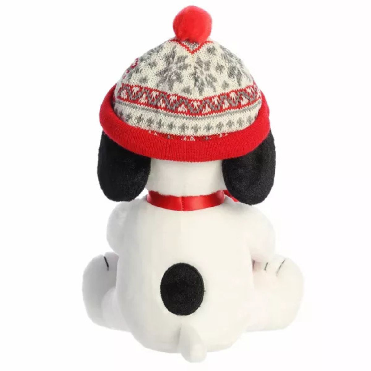 Rear view thumbnail of the Aurora Snoopy plush displaying his clean white plush back, signature black spot, tail, and the back of his knit winter hat.
