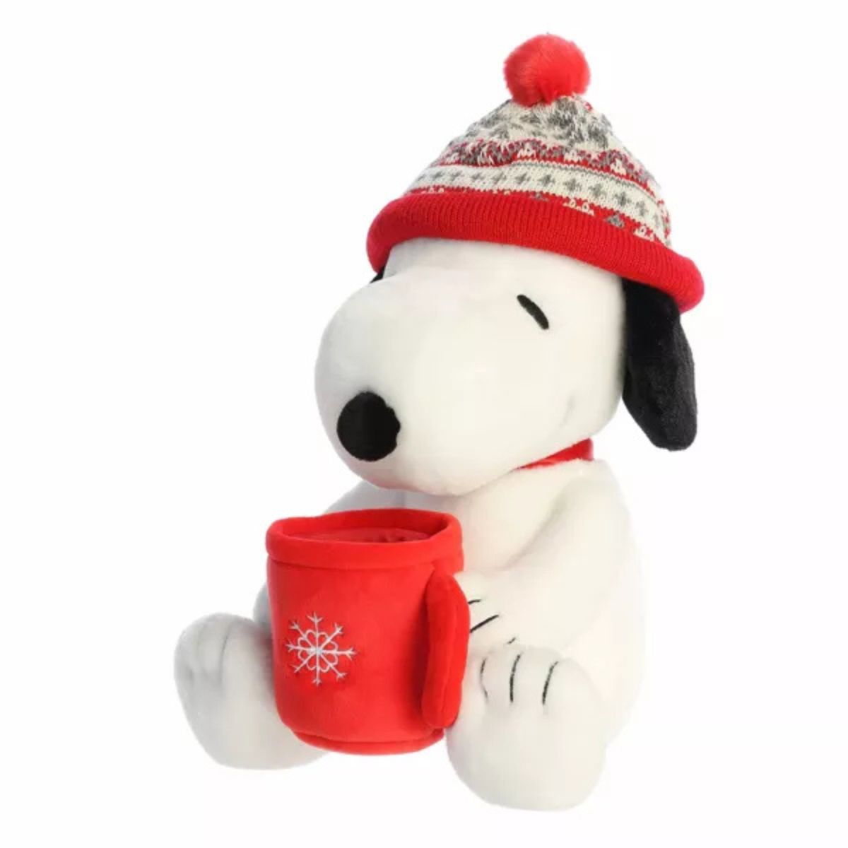 Right side 3/4 view thumbnail of the Peanuts Snoopy winter plush holding his red cocoa mug.
