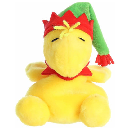 A close-up front portrait thumbnail of the Elf Woodstock plush showcasing its yellow beak, closed happy eyes, and red jagged collar.