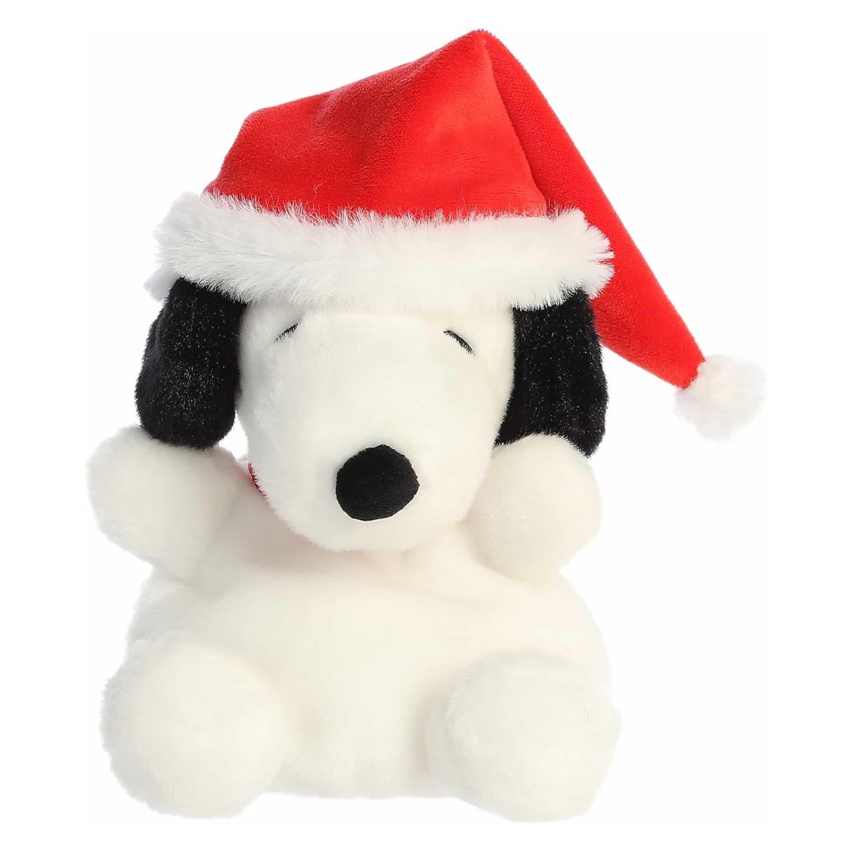 A close-up front portrait thumbnail of the Santa Snoopy plush showcasing its white head, black button nose, and floppy black ears.