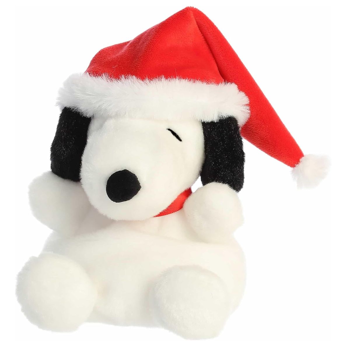A secondary slightly right-facing front thumbnail of the sitting Santa Snoopy plush highlighting the tilted white pom-pom on his red hat.