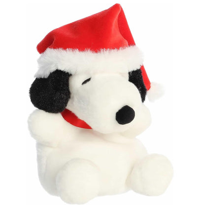 Aurora Palm Pals Santa Snoopy 5-inch plush stuffed toy sitting forward wearing a plush red Santa hat and a red collar.