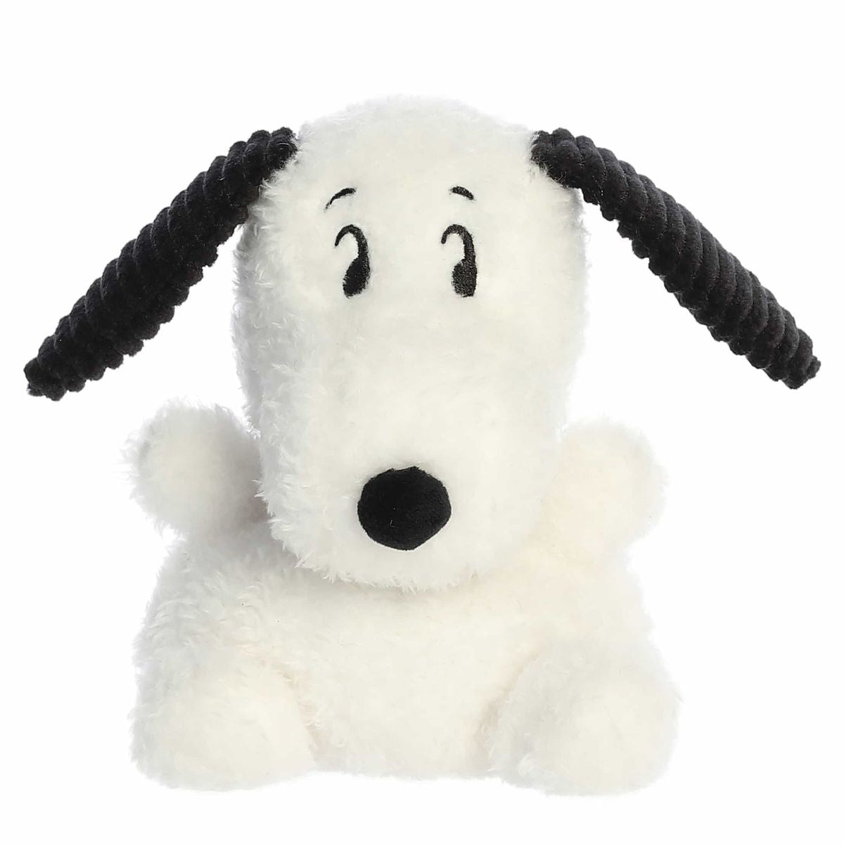 Straight front view of the 5-inch Snoopy stuffed animal highlighting his black floppy ears, black nose, and cute dotted eyes.