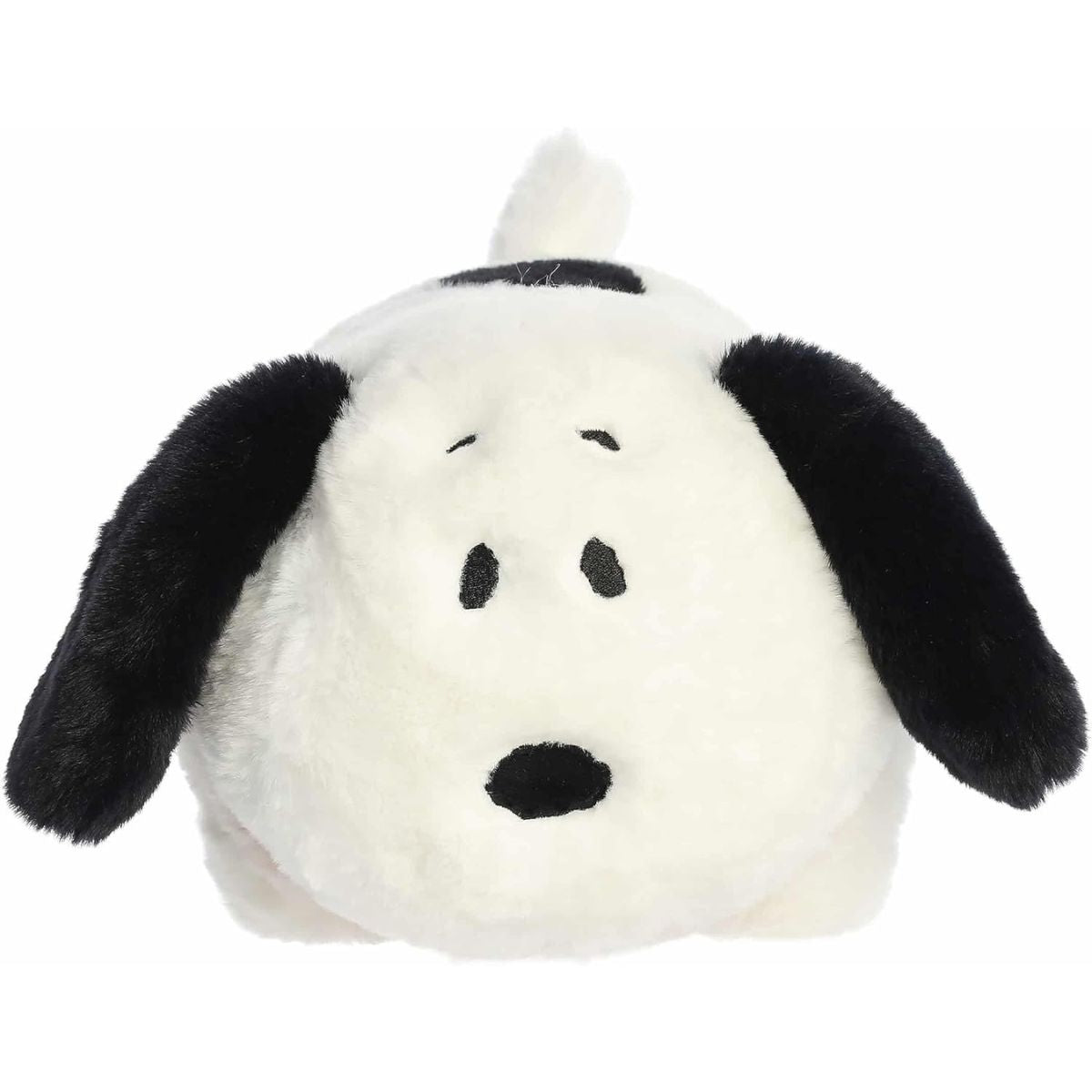 Straight-on front view of the soft Spudsters Snoopy plush resting on his belly, showing his black nose and floppy ears.