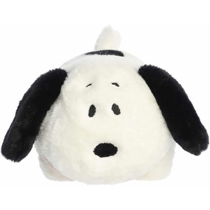 Straight-on front view of the soft Spudsters Snoopy plush resting on his belly, showing his black nose and floppy ears.