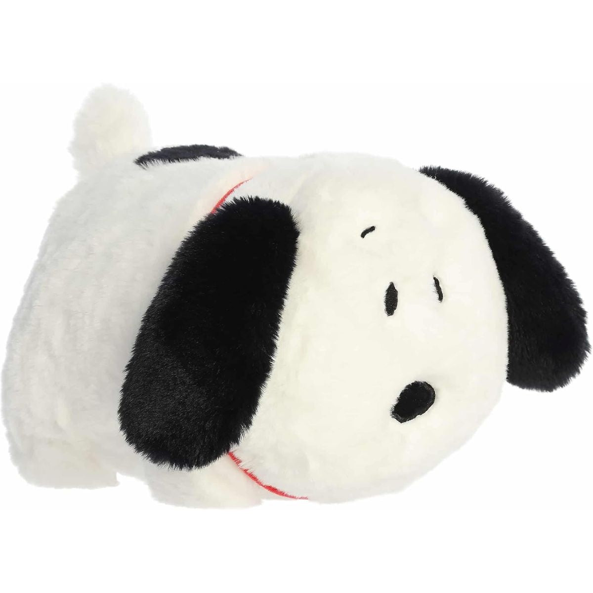 Angled side view of the cuddly Snoopy plush, highlighting his red collar and rounded body.