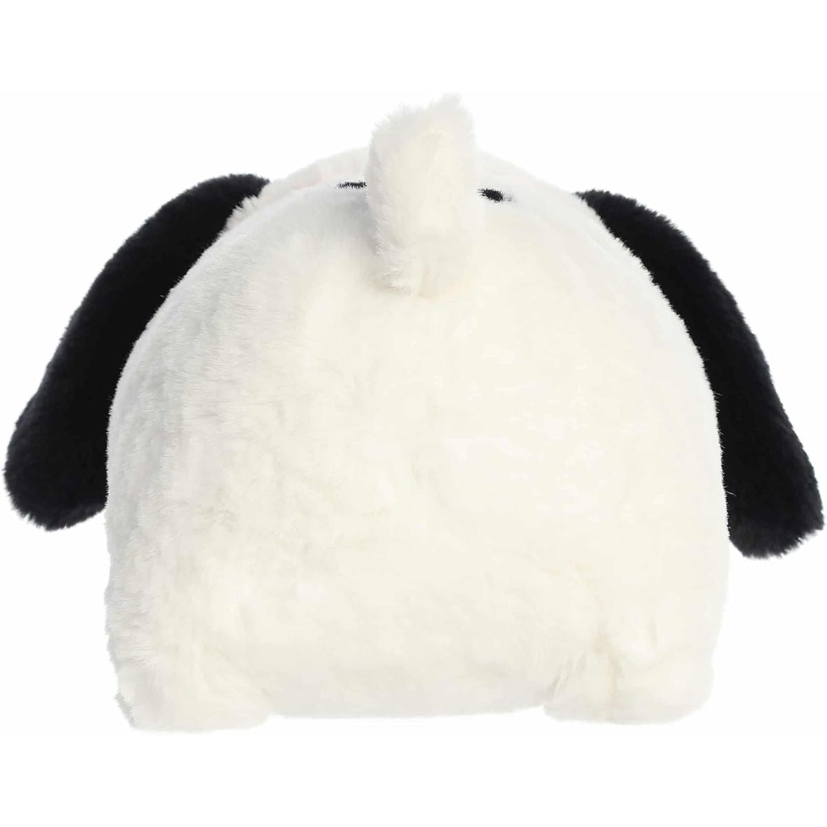 Direct back view of the Snoopy stuffed animal highlighting the black spot on his back and little white tail.