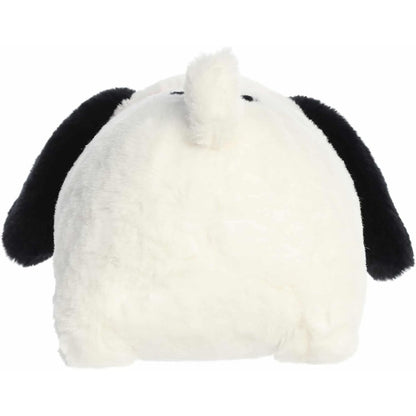 Direct back view of the Snoopy stuffed animal highlighting the black spot on his back and little white tail.