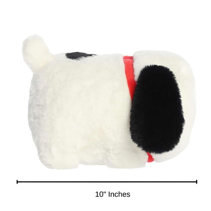 Side profile view of the Snoopy Spudsters stuffed animal resting on his belly with a measurement graphic indicating it is 10 inches long.