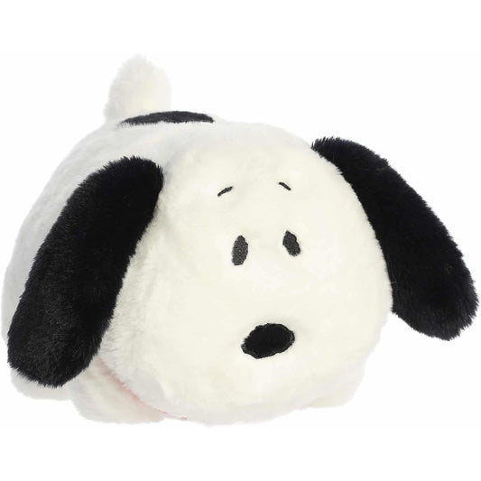 Angled front view of the 10-inch Aurora Spudsters Peanuts Snoopy stuffed animal showing its round potato shape.