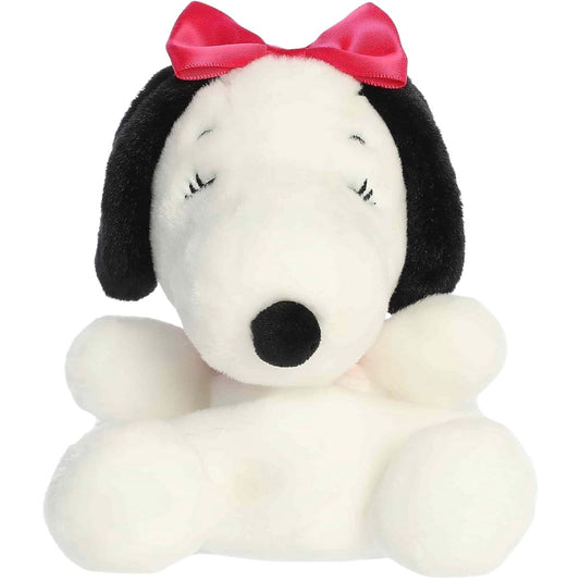 Straight front view of the sitting Belle plush showing her black nose, red collar, pink bow, and sweet embroidered eyelashes.