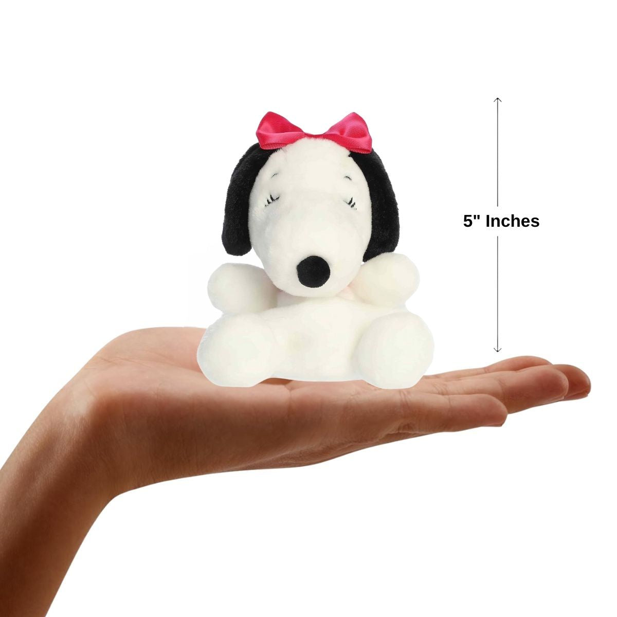 Sizing graphic showing the 5-inch Palm Pals Belle plush sitting perfectly in the palm of a hand to demonstrate its small scale.