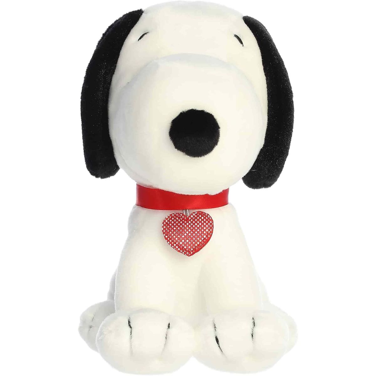 Front view thumbnail of the cute seated Snoopy plush highlighting his red collar, glittery heart pendant, and black nose.