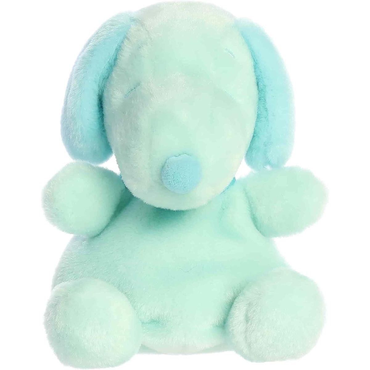 Straight-on front view of the soft Palm Pals Teal Snoopy plush sitting upright, showing his matching teal nose and collar.