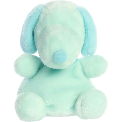 Straight-on front view of the soft Palm Pals Teal Snoopy plush sitting upright, showing his matching teal nose and collar.
