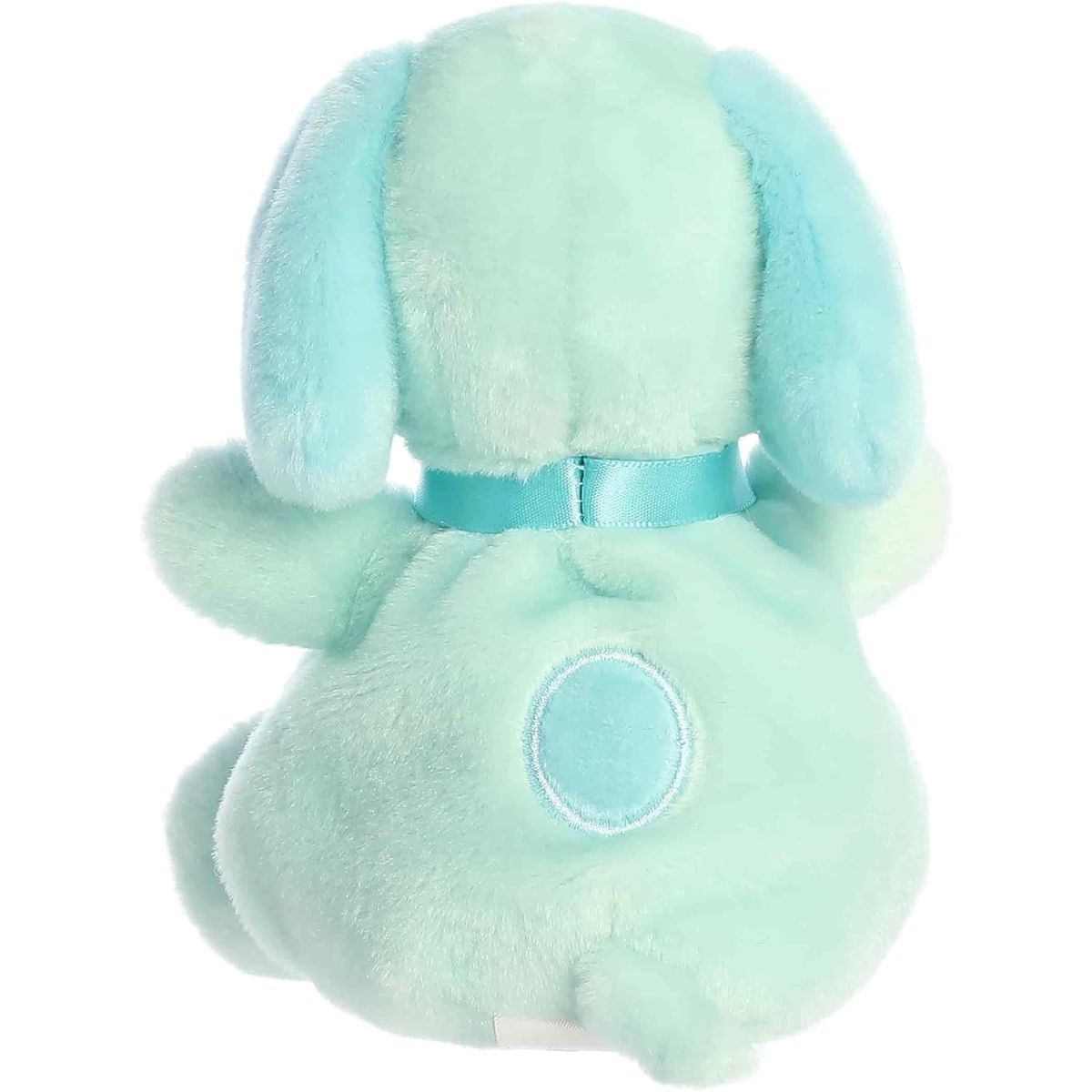 Direct back view of the Palm Pals Snoopy stuffed animal sitting down, highlighting his dark teal back spot, matching collar, and little tail.
