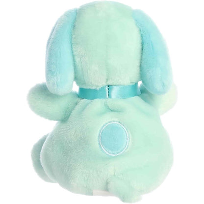 Direct back view of the Palm Pals Snoopy stuffed animal sitting down, highlighting his dark teal back spot, matching collar, and little tail.