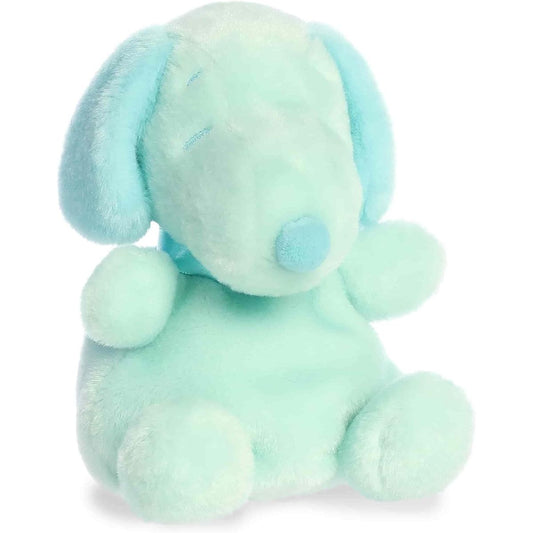 Angled front view of the 5-inch Aurora Palm Pals Peanuts Teal Snoopy stuffed animal sitting down, showing his minty green body and blue-teal ears.