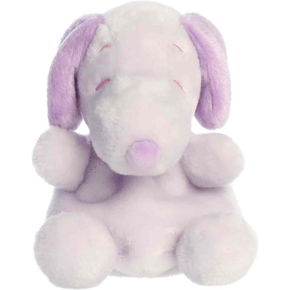 Direct front view of the soft pastel purple Snoopy stuffed animal showing his matching purple nose and collar.