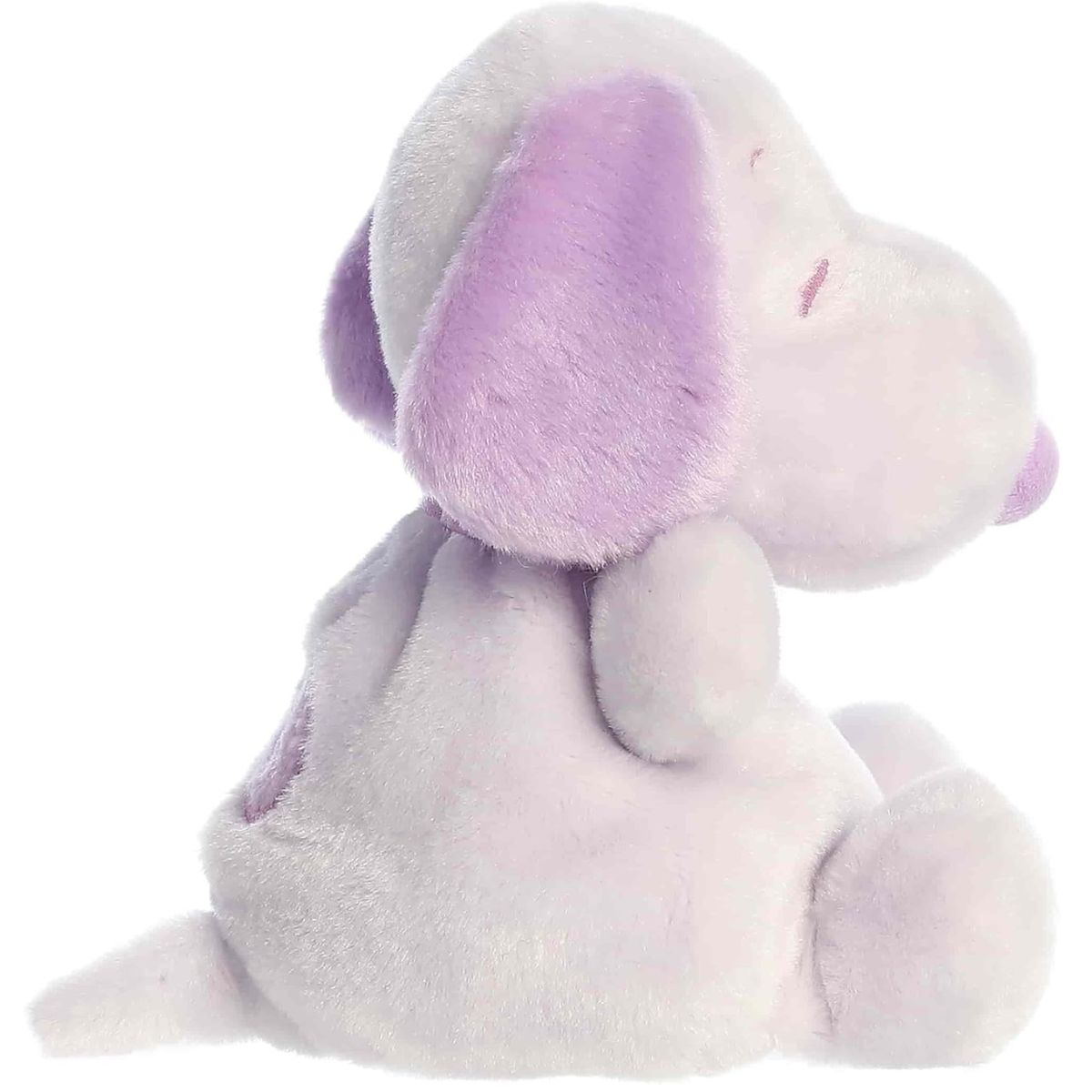 Side profile view of the sleepy Purple Snoopy plush highlighting his plump shape and floppy ears.