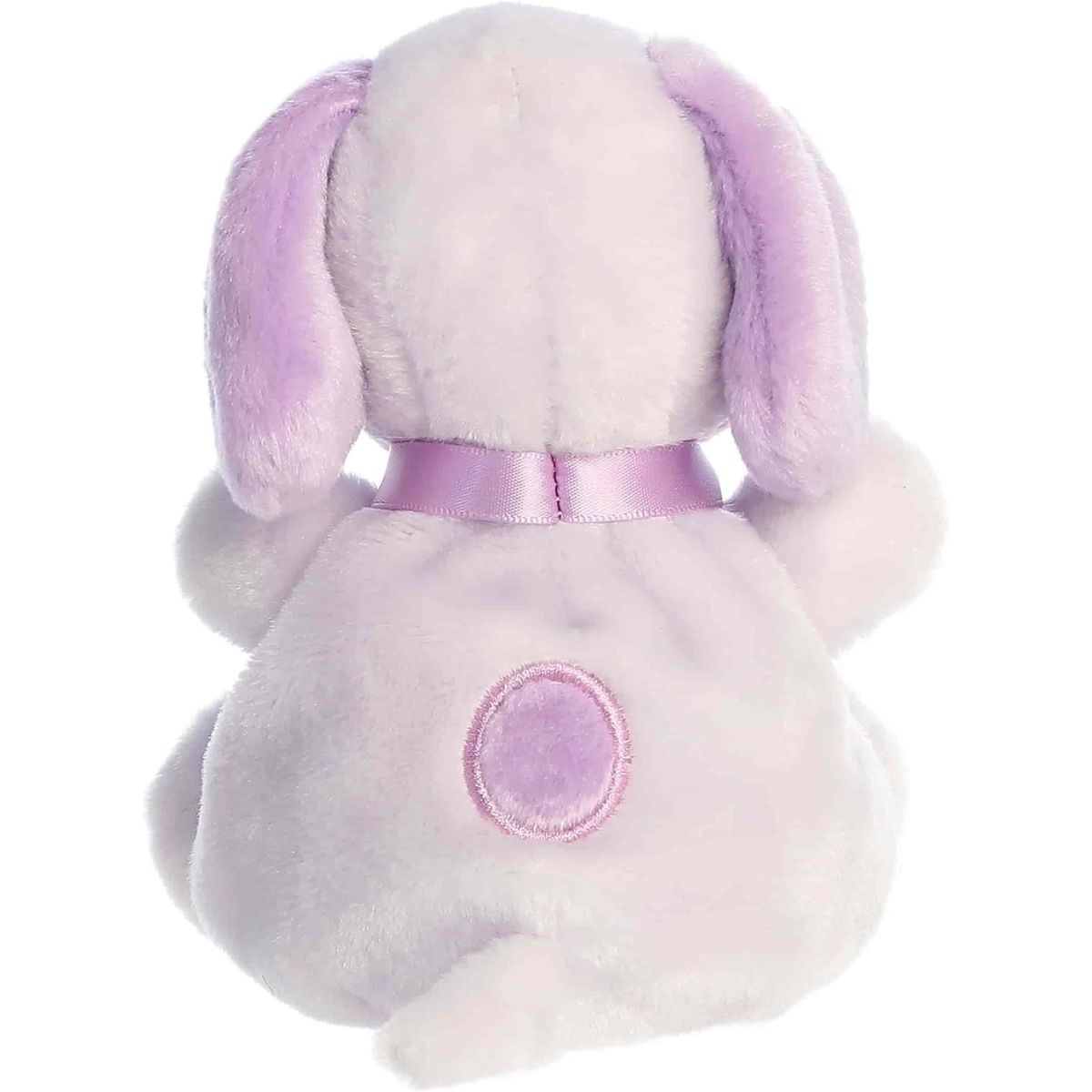 Back view of the cuddly purple Snoopy stuffed animal showing his dark purple back spot and little tail.