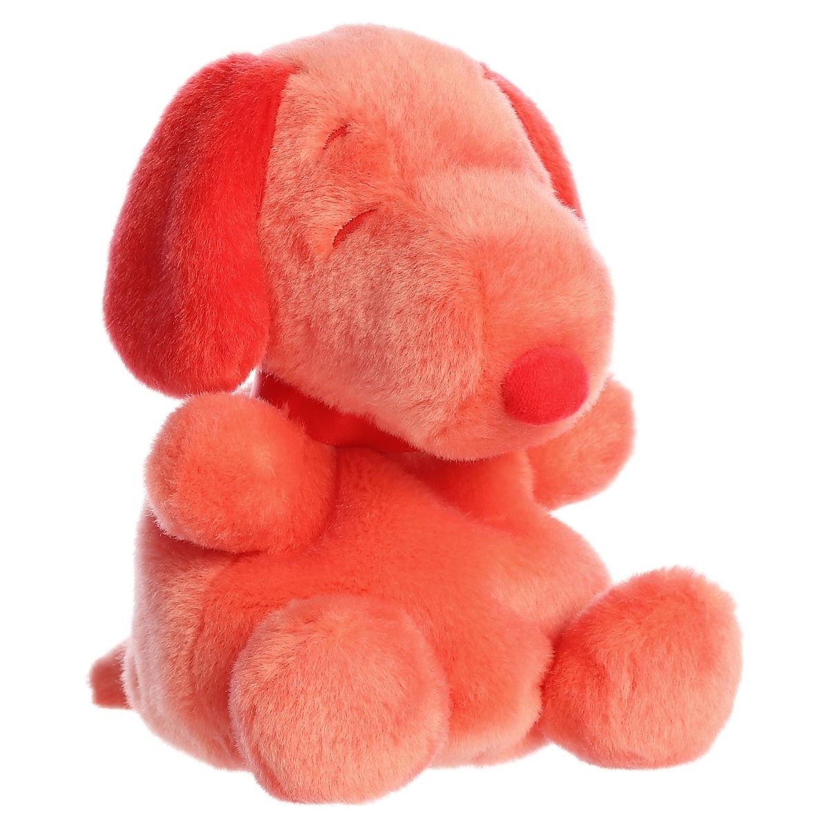 Front angled view of the 5-inch Aurora Palm Pals Peanuts Snoopy Color Collection plush toy featuring a red body with dark red ears and nose.