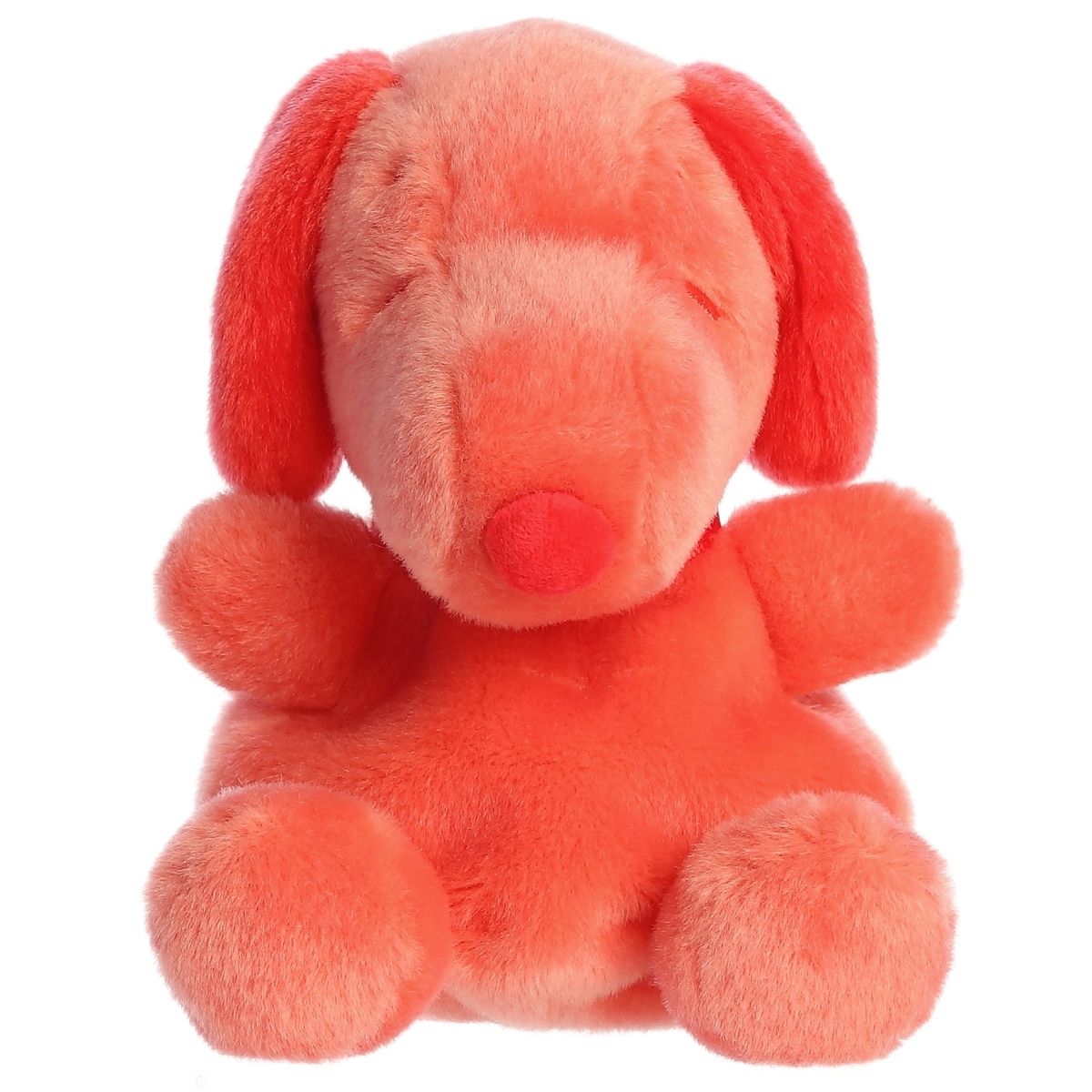 Straight front view of the sitting red Snoopy plush showing his dark red nose, collar, and sleepy embroidered eyes.