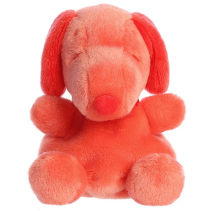 Straight front view of the sitting red Snoopy plush showing his dark red nose, collar, and sleepy embroidered eyes.