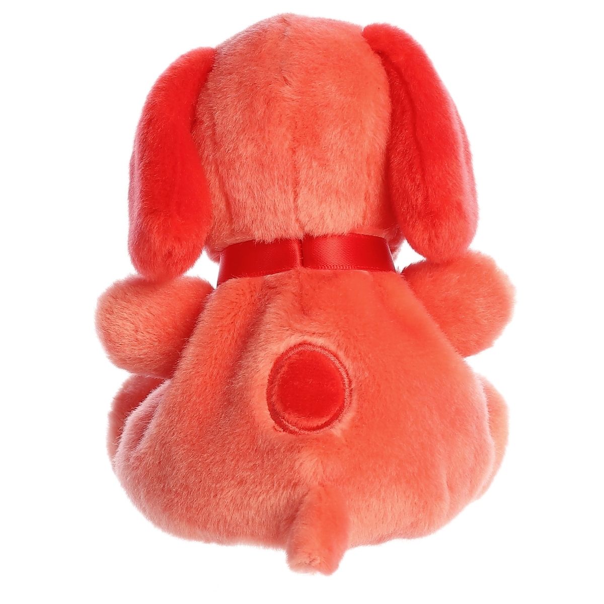 Back view of the Aurora Snoopy plush showcasing his red body, dark red ears, collar, and the matching spot on his back.