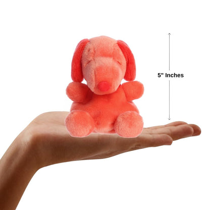 Sizing graphic showing the 5-inch Palm Pals Red Snoopy plush sitting perfectly in the palm of a hand to demonstrate its small scale.