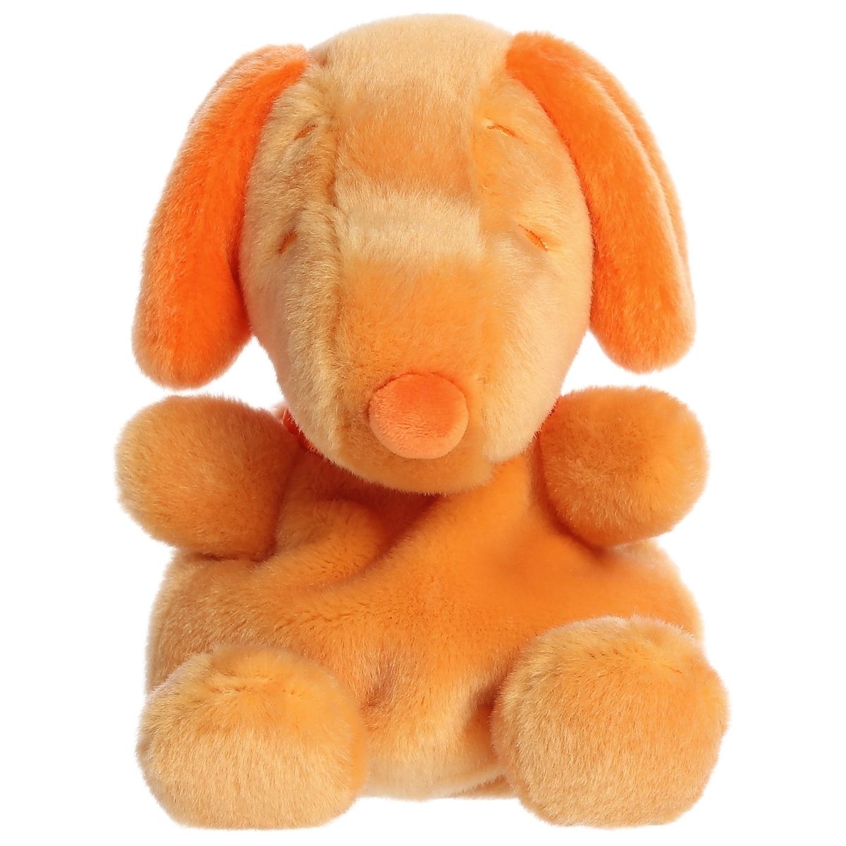 Straight front view of the sitting orange Snoopy plush showing his bright orange nose, collar, and sleepy embroidered eyes.