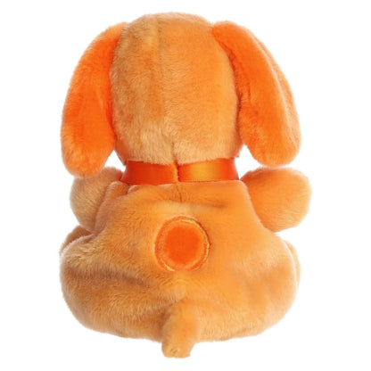 Back view of the Aurora Snoopy plush showcasing his pale orange body, bright orange ears, collar, and the matching spot on his back.