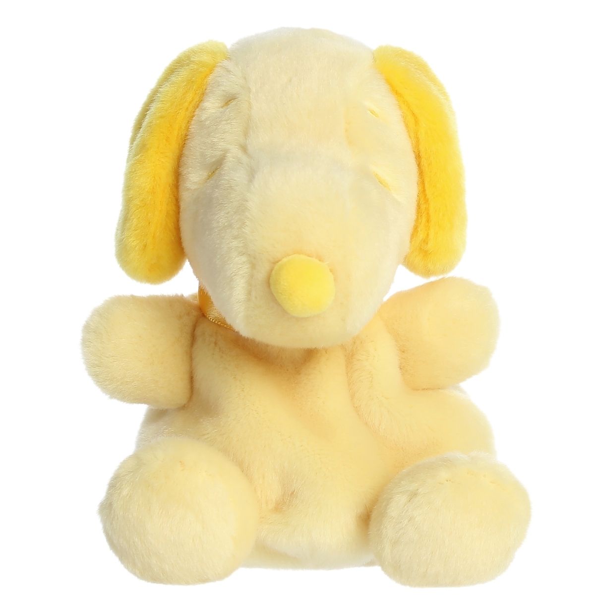 Straight front view of the sitting yellow Snoopy plush showing his bright yellow nose, collar, and sleepy embroidered eyes.