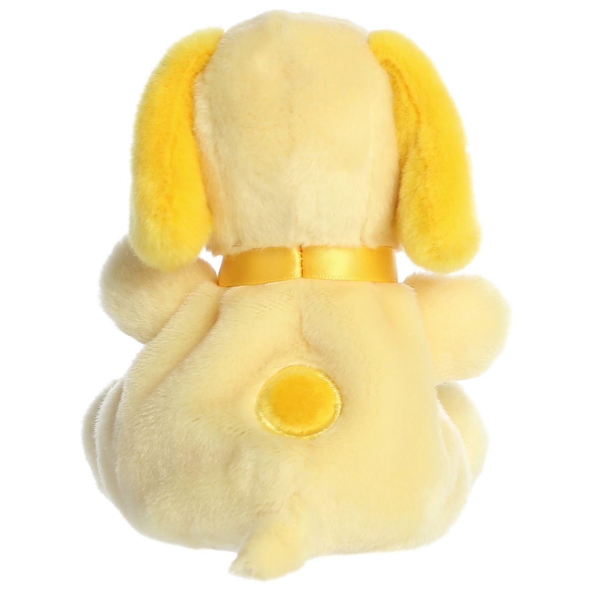Back view of the Aurora Snoopy plush showcasing his pale yellow body, bright yellow ears, collar, and the matching spot on his back.